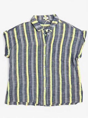 Dylan Striped Linen Blend Button Front Top Neon Yellow Blue Medium